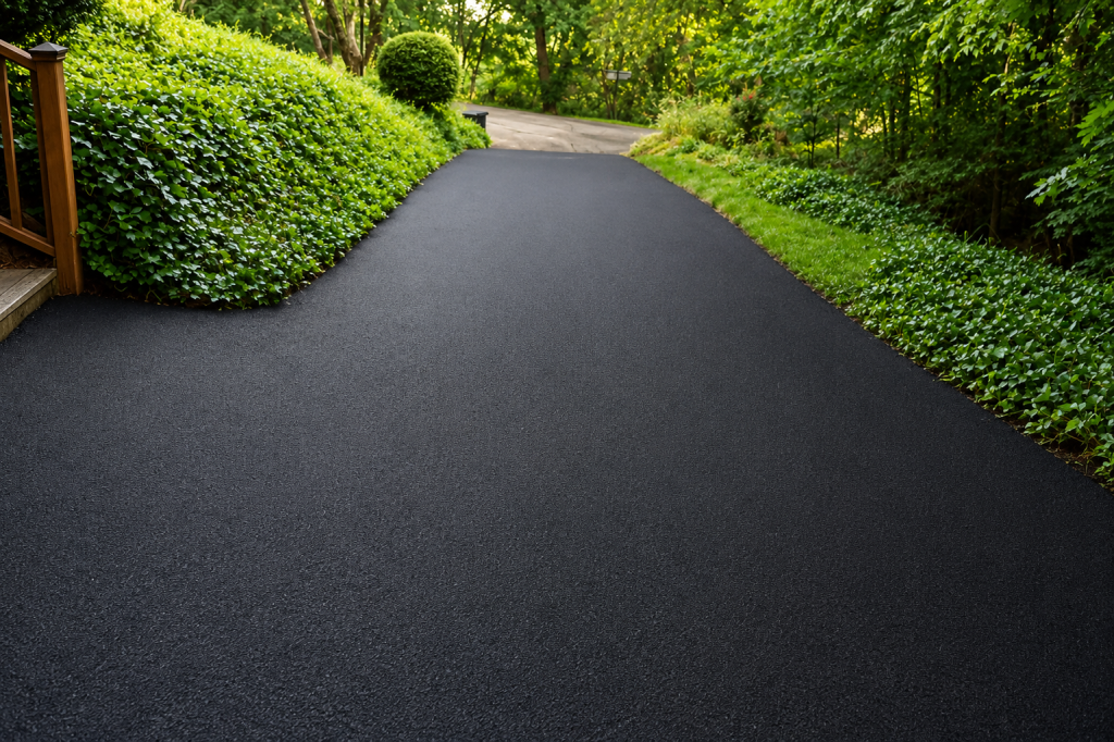 A curved asphalt driveway running beside a brick home and stone retaining wall.