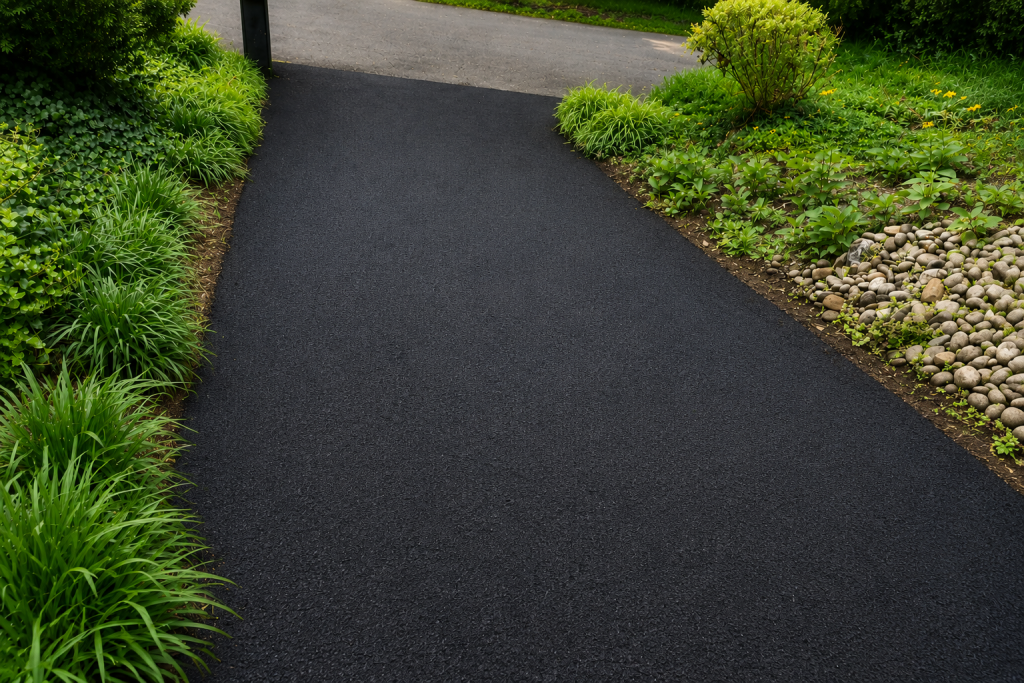 A freshly paved black asphalt driveway bordered by green plants, shrubs, and river rocks.