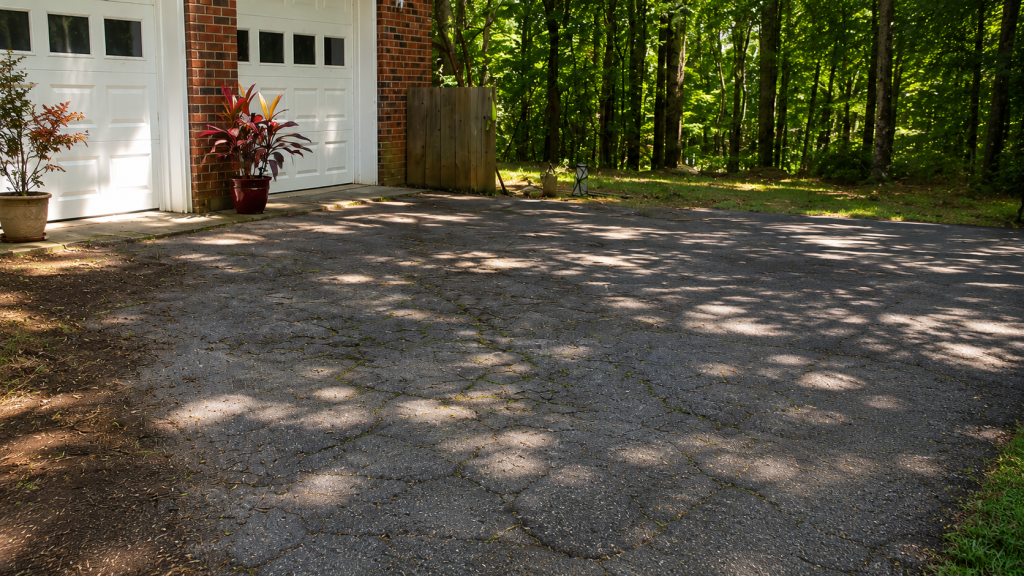 An older cracked asphalt driveway in front of a brick garage with trees and dappled sunlight.