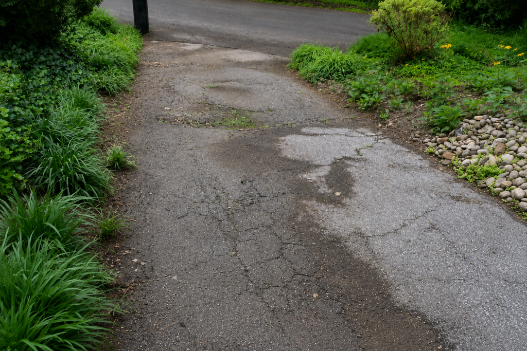 A worn cracked asphalt driveway bordered by green plants, shrubs, and river rocks.